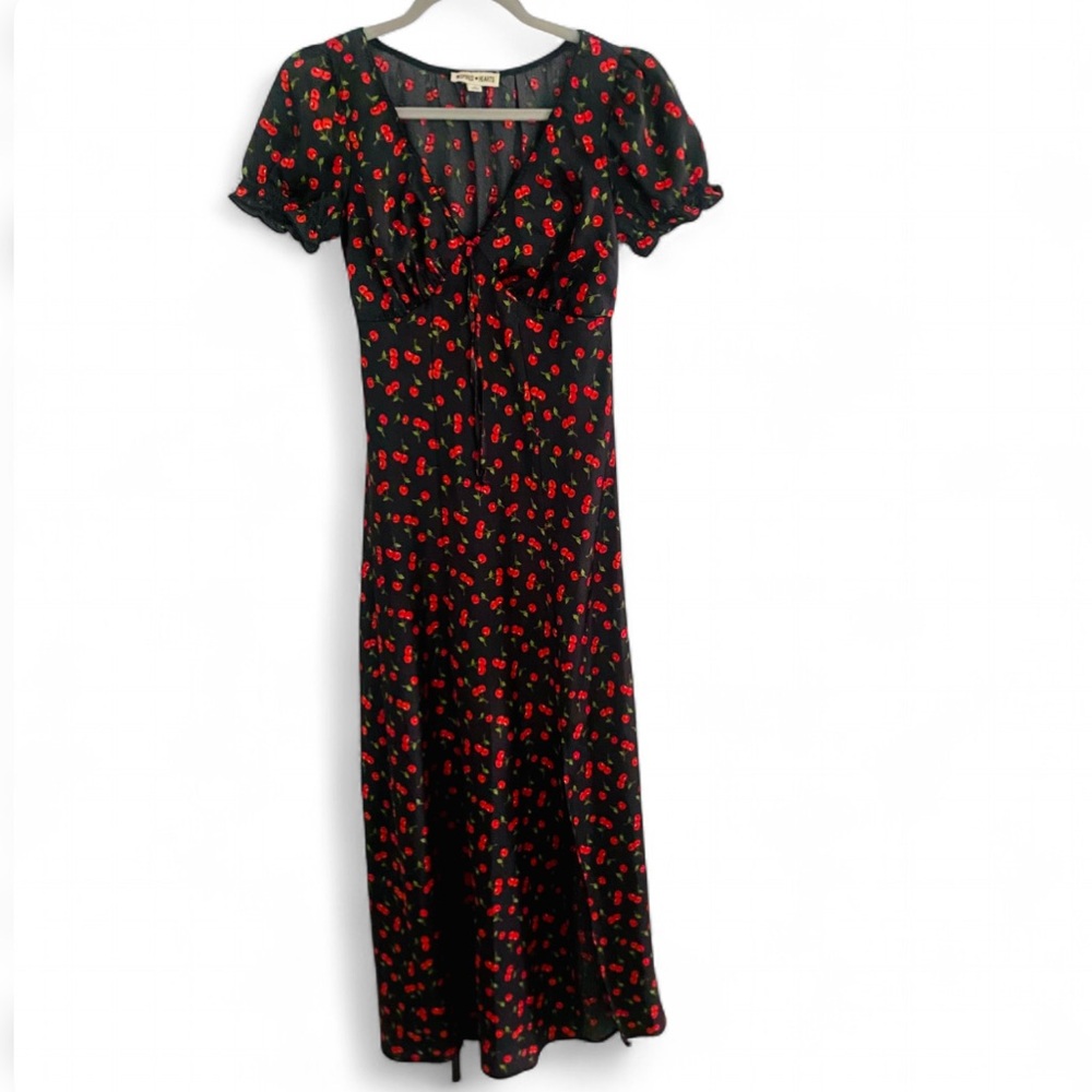 INSPIRED HEARTS RED CHERRY PRINT SHORT SLEEVE SWEETHEART NECK MIDI DRESS SMALL